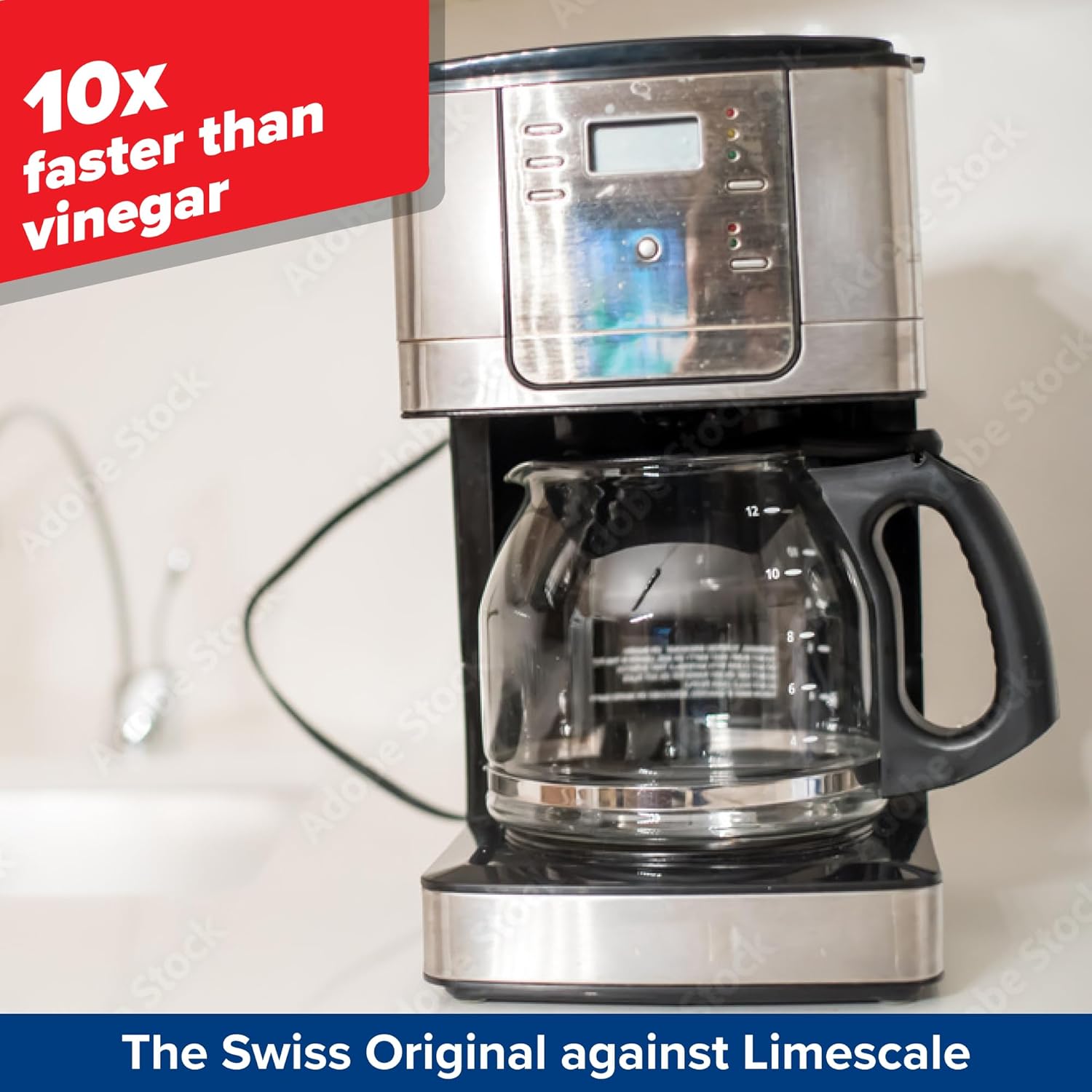Coffee machine with text '10x faster than vinegar'