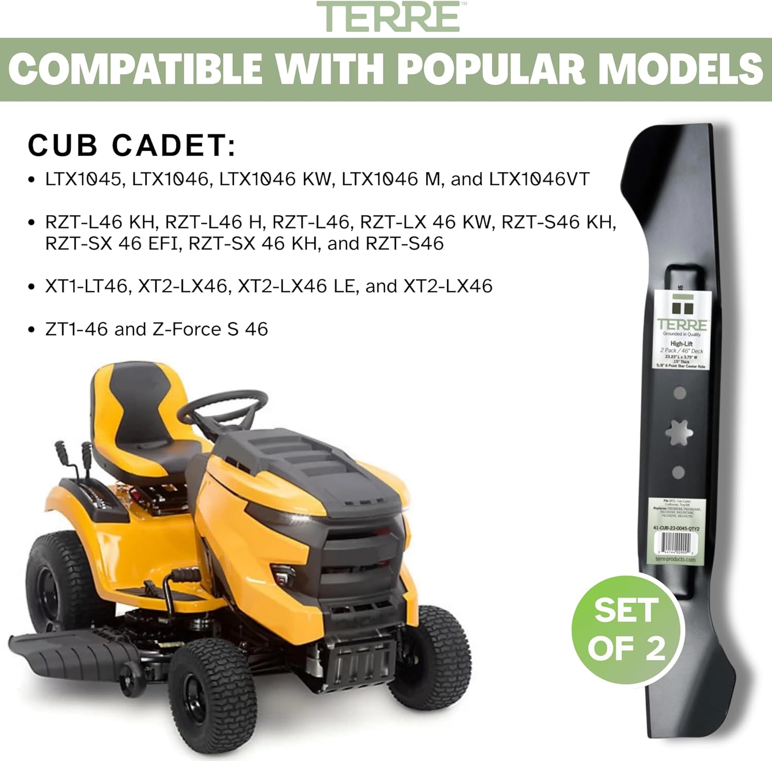 Terre Products, 46 Inch Lawn Mower Blades, 2 Pack, High Lift, Compatible with Cub Cadet XT1, XT2, Craftsman LT46, Replacement for 742-04244, 742-04244A, 942-04244, 942-04244A, 742-04290, 942-04290