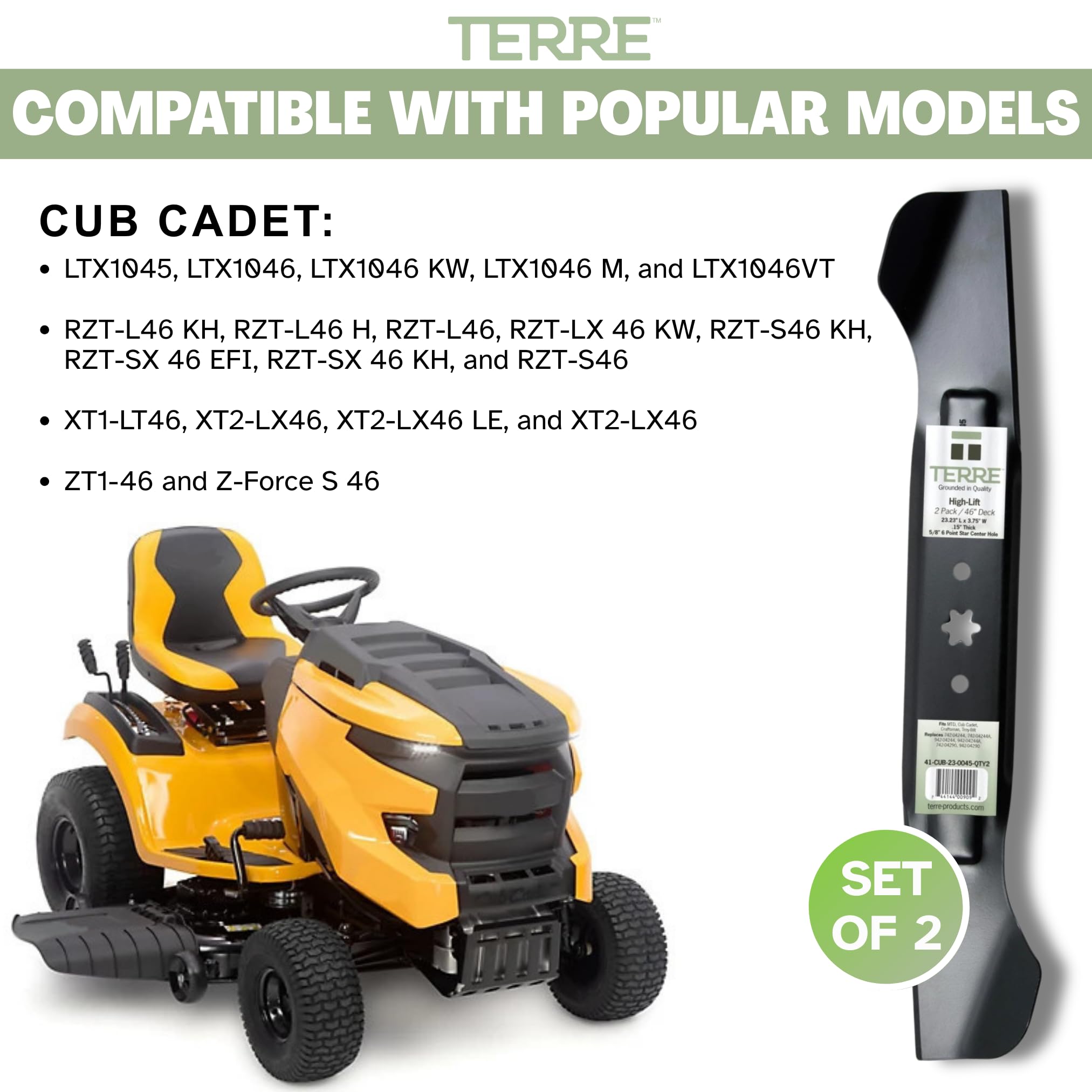 Terre Products - Paquete de 2 cuchillas de cortacésped de alta elevación, cubierta de 46 pulgadas, compatible con Cub Cadet, Craftsman, Troybilt, repuesto para 742-04244, 742-04244A, 942-04244,