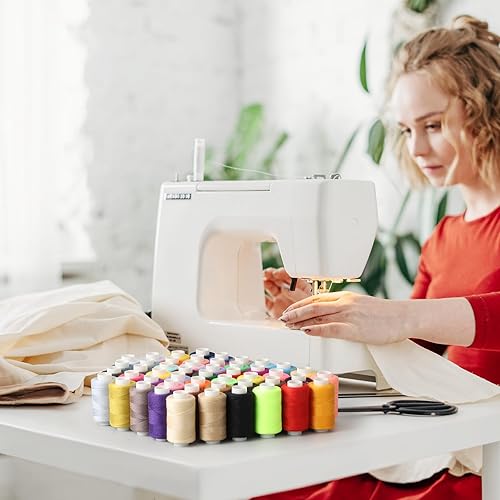 Miniatura 7 de Blibly 100 piezas de kit de hilos de coser y bobinas, 500 yardas de hilos de poliéster, bobinas preenrolladas con estuche, 50 colores