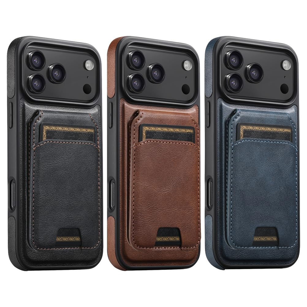 Skórzane etui na iPhone'a 17 Pro Max/17 Pro/Air/17, magnetyczny odpinany uchwyt na karty, etui z podstawką i logo. Widok biznesowy.