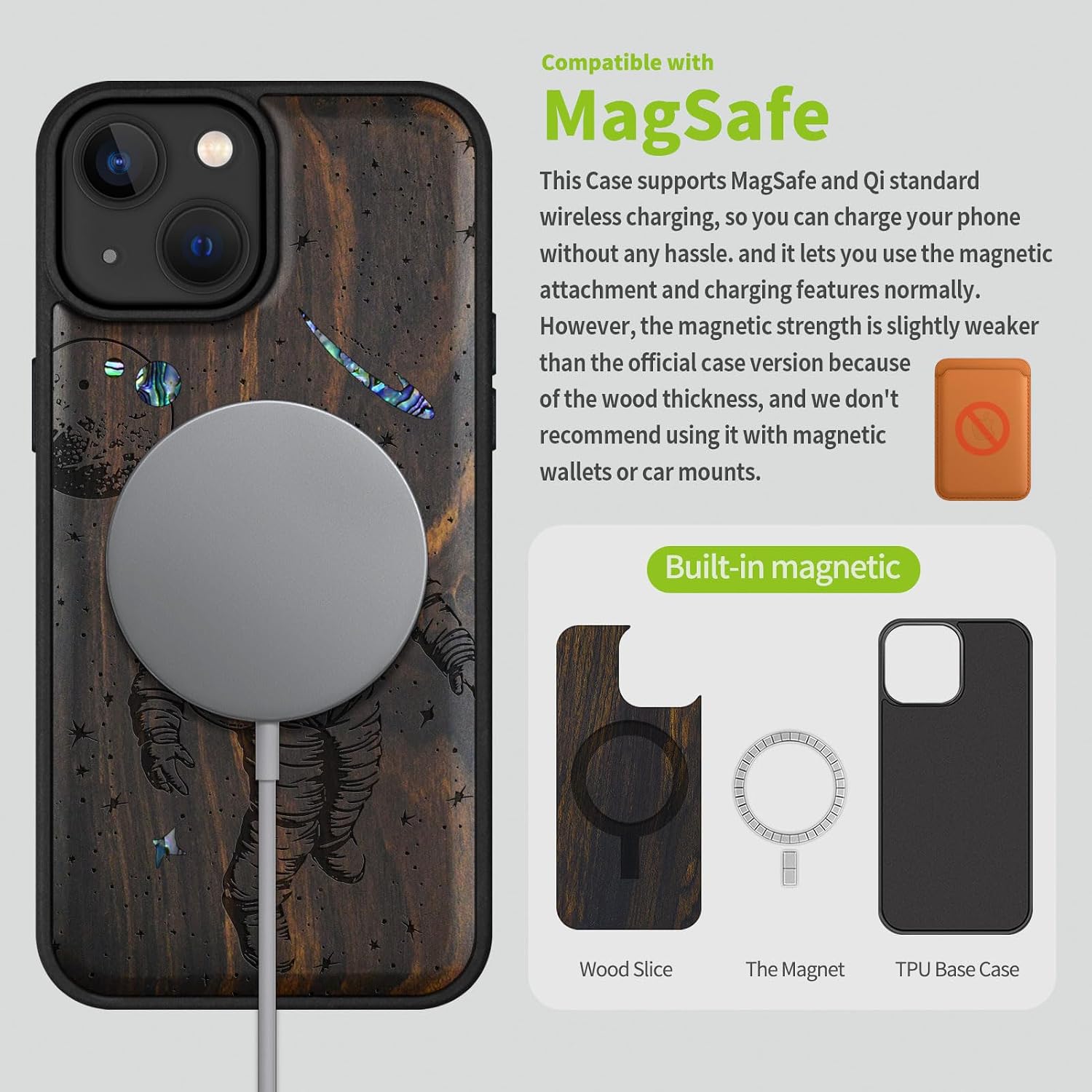 Carveit Wooden Case for iPhone 15 Magnetic Case, Compatible with MagSafe Wireless Chargers, Shockproof Cover, Handmade Shell Inlaid & Wood Artisan Engraved (Cosmic Wanderer) Blackwood