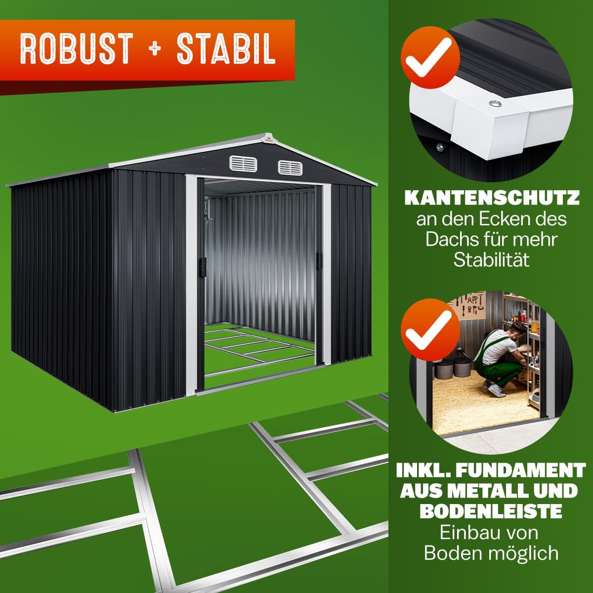 GARDEBRUK® XXL Metall Gerätehaus 5m² mit Fundament 257x205x178cm Schiebetür Anthrazit Geräteschuppen Gartenhaus 9m³ | Gartenmöbel Gartenmöbel Gartendach Rasenmäher Garage mit 96cm Schiebetür verzinkter Stahl Schuppen für Werkzeuge