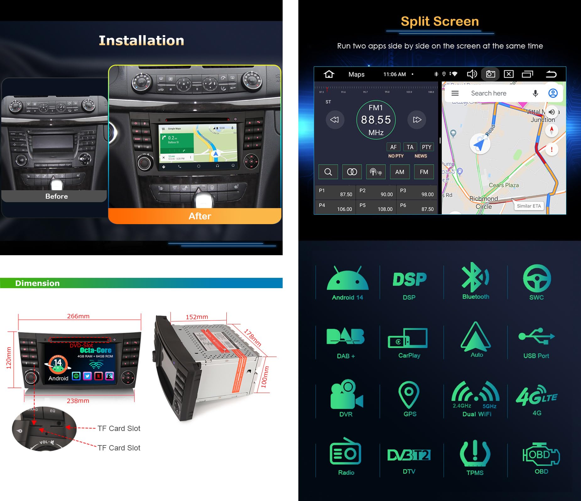 8 Cœurs Android 14 Autoradio GPS Multimédia Stéréo pour Mercedes Benz Classe CLS W219 Classe E W211 Carplay Android Auto Bluetooth 5.0 WiFi SWC A2DP Dab+GPS écran Tactile Lecteur