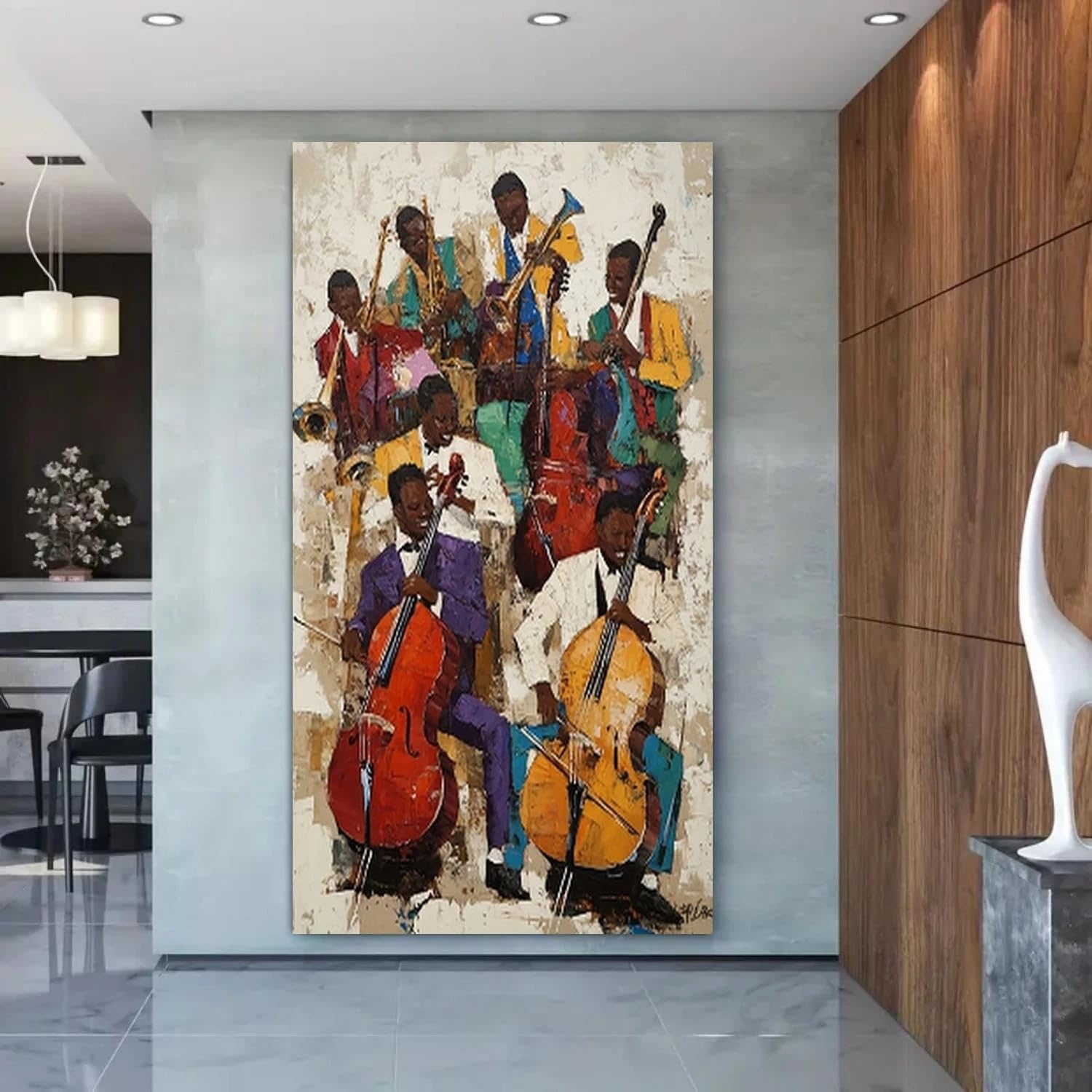 GKRXNZC Canvas Wall Art - Vibrant Musicians Playing Cello & Double Bass, Modern Classic Vertical Artwork for Living Room, Bedroom(35x45cm/14x22in(WxH)/No frame)