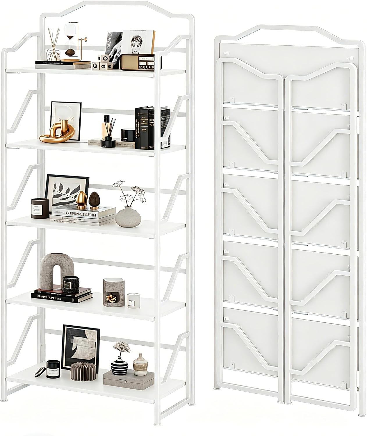 JSB 5 Tier No Assembly Folding Bookshelf, Foldable Storage Bookcase for Home Office, Space-Saving Storage Shelf for Living Room, Bedroom (All White)