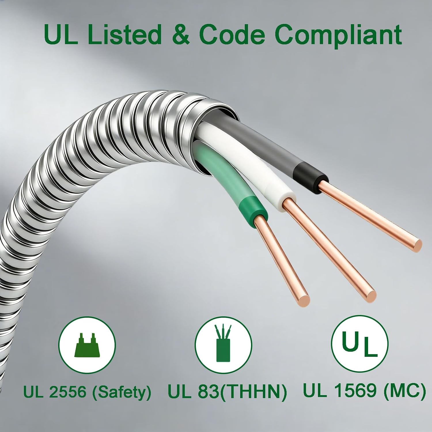 12/2 MC Cable 50FT, 12 AWG Metal Clad Wire with Ground | Solid Bare Copper THHN, UL Listed 600V 12 Gauge Aluminum Armor Cable for HVAC & Commercial Lighting, NM-B Alternative