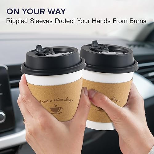 Miniatura 6 de LITOPAK Paquete de 100 tazas de café desechables con tapas y fundas Kraft, tazas de café blancas de 10 onzas, tazas de café de papel para bebidas