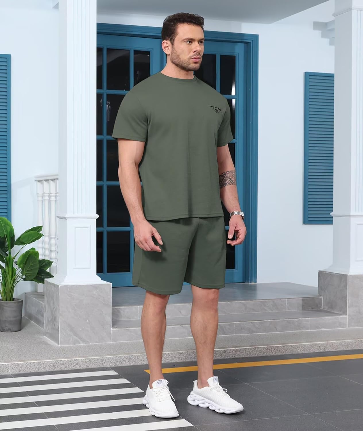 ThusFar Men's Waffle Shirt and Shorts Set 2 Piece Outfits Summer Tracksuits Set with Pockets Athletic Casual Outfits - Image 4
