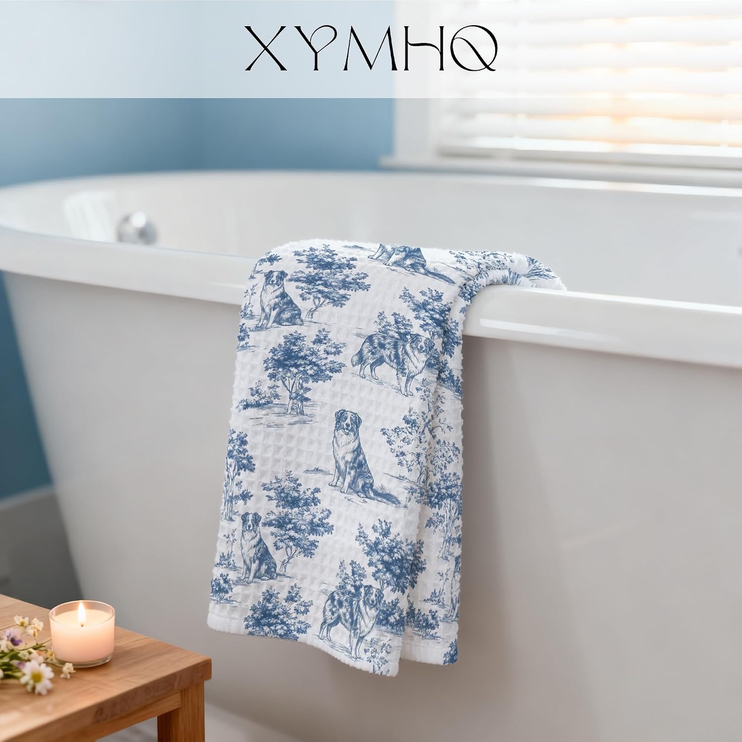 Blue and White Chinoiserie Australian Shepherd Gift Hand Towels for Bathroom Kitchen, Australian Shepherd Gifts for Women, Vintage Toile de Jouy Dog Kitchen Dish Tea Towels, 16x24 Inch image 5
