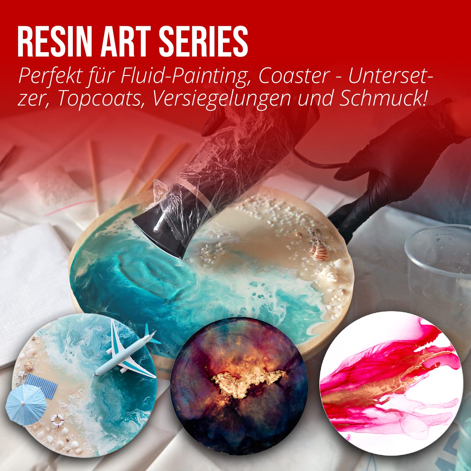 Epoxidharz mit Härter - RESIN ART | 1:1 Formel | 2000ml | Kristallklar, UV-Schutz, Mittelviskos | im Set mit Handschuhe + Rührstab