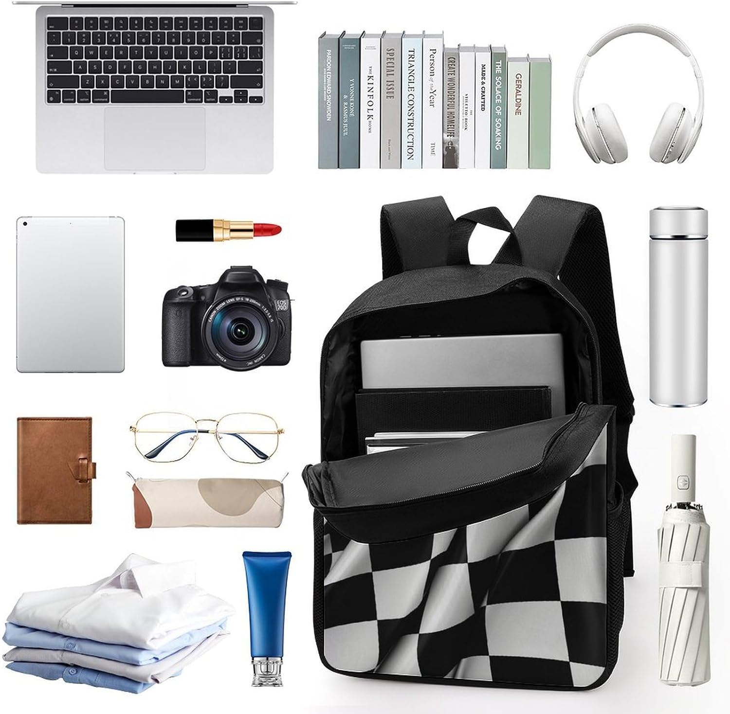Black White Checkered Flags Bookbags 17 Inch Aesthetic Laptop Bagpack Casual Travel Laptop Backpack Unisex Aesthetic Daypack for College Work Travel image 3