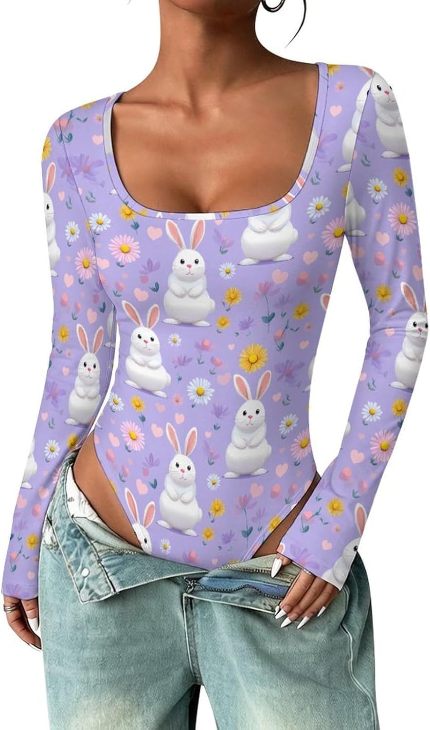 Floral Rabbits Bunny Flower Women's Bodysuits Long Sleeve Top 5XL