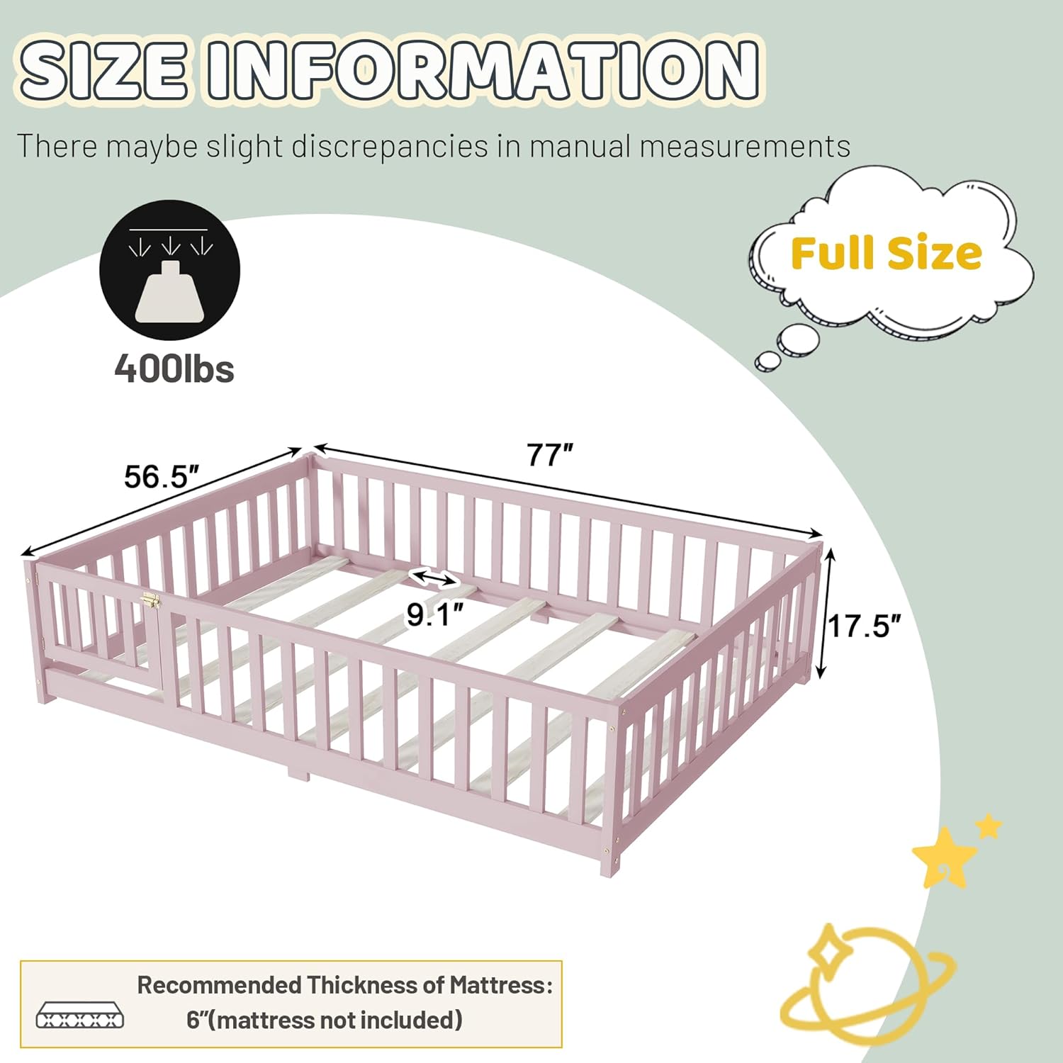 Full Floor Bed with Rails and Door,Rubber Wood Montessori Bed with Support Slats, Kids Full Bed Frames for Girls Boys,No Box Spring Needed, Pink