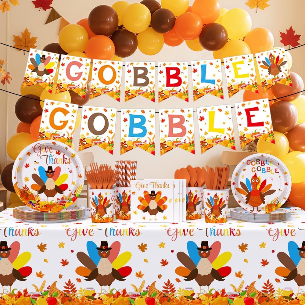 AIBIIN 194Pcs Thanksgiving Party Tableware Decorations Supplies Turkey Paper Plates and Napkins Dinnerware Sets Thanksgiving Disposable Plates Set with Napkins and Tablecloth Serves 24