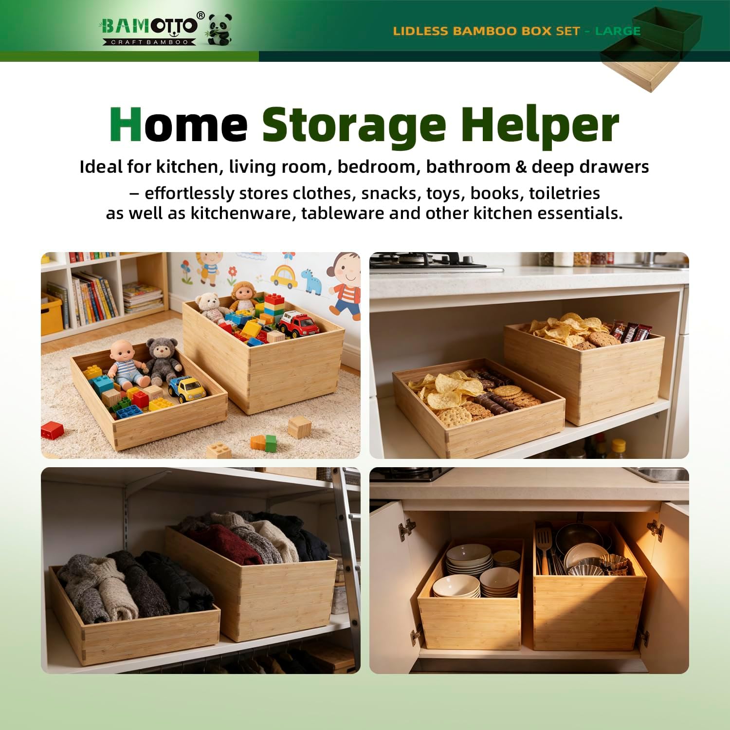 2-Piece Large Bamboo Storage Box Set - 7.1in High Stackable Deep-Drawer Organizer, Lidless Bin for Kitchen Cutlery Utensils, Home & Office (14.6"x10.2"x7.1"+14.6"x10.2"x3.1") - Image 4