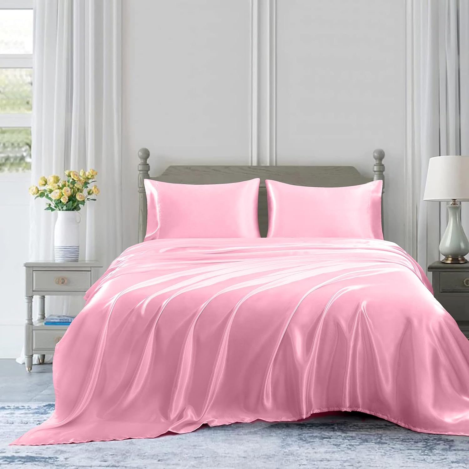 4-Piece Luxury Silk Bedding Set-High Thread Counts Satin Bed Sheets Silky & Smooth Ultimate Breathable Bed Cover Pink Rv-King Size, Fits Mattress Easily 22" Deep Pockets
