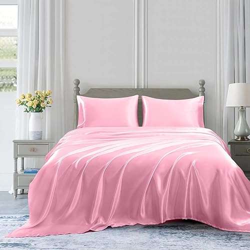 Miniatura 2 de Homiest 3pcs Satin Sheets Set Luxury Silky Satin Bedding Set with Deep Pocket, 1 Fitted Sheet + 1 Flat Sheet + 1 Pillowcases (Twin Size, Pink)