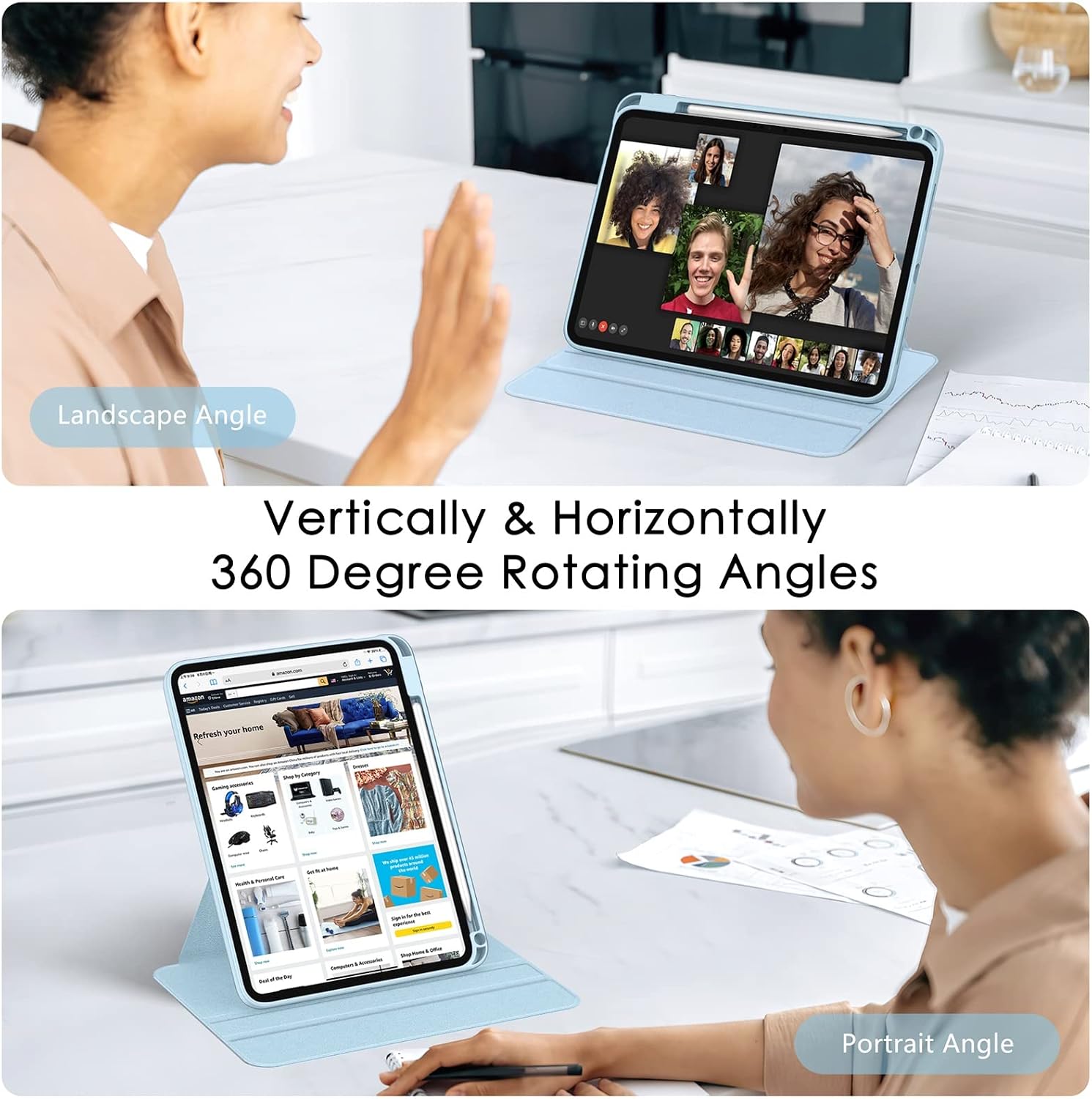 Soke 360 Rotating Case for iPad A16 11" 2025, iPad 10th Gen 10.9" 2022 - Rugged Protective Cover with Built-in Pencil Holder, Auto Sleep/Wake, Clear Back, Sky Blue