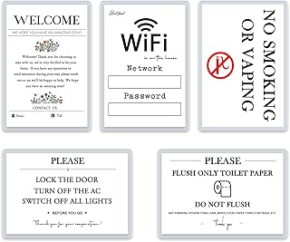 5 Essential Air BnB Signs for Hosts Set, Magnetic Welcome Wifi Password, No Smoking Do Not Flush Signage for Bathroom, Lock Door, 4"×6” Laminated Vacation Rental Customer Service Improvement Signs