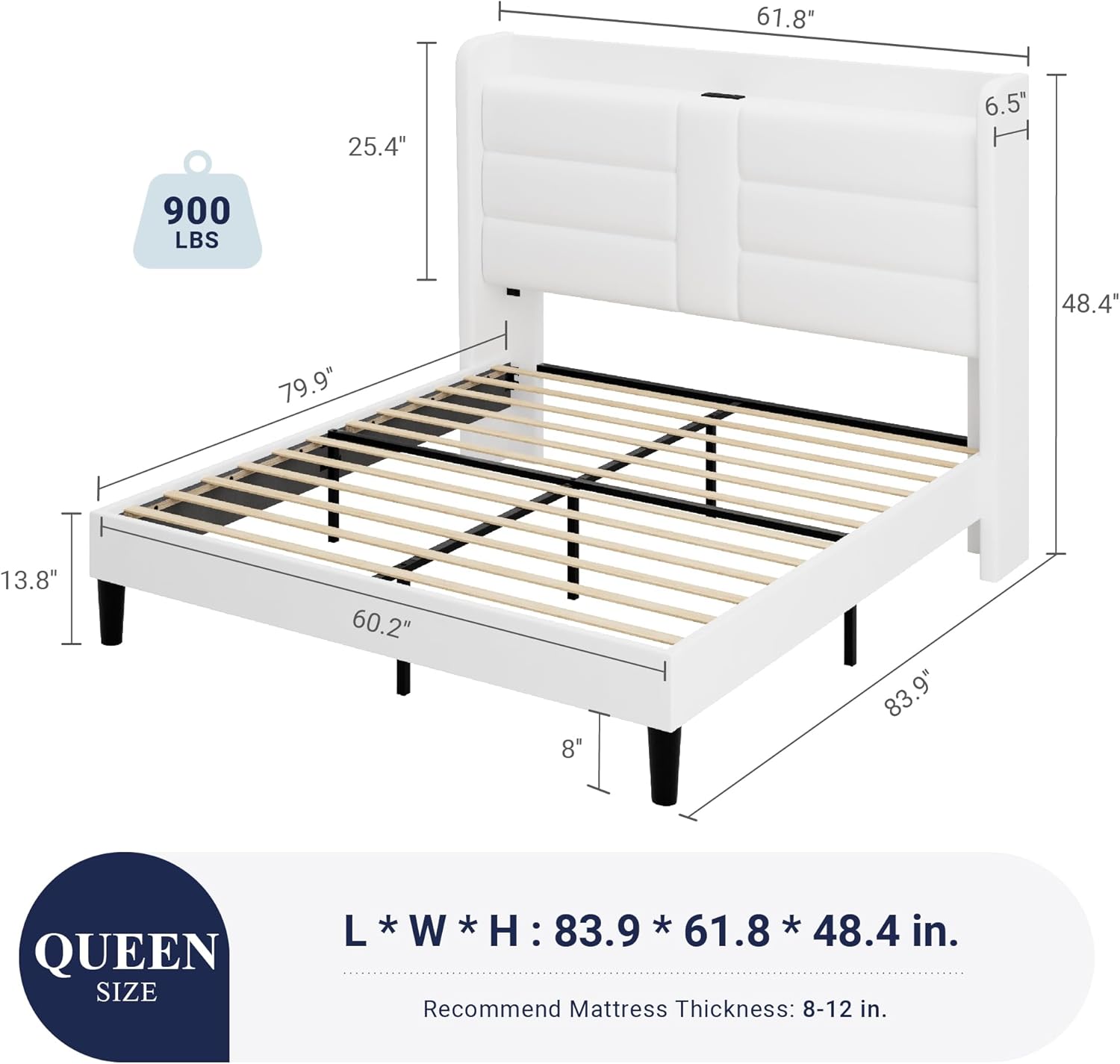 Allewie Queen Size Platform Bed Frame with Charging Station & Storage Headboard, Upholstered Velvet Wingback Design & USB Port, Strong Wooden Slats Support, No Box Spring Needed, Easy Assembly, White - Image 2