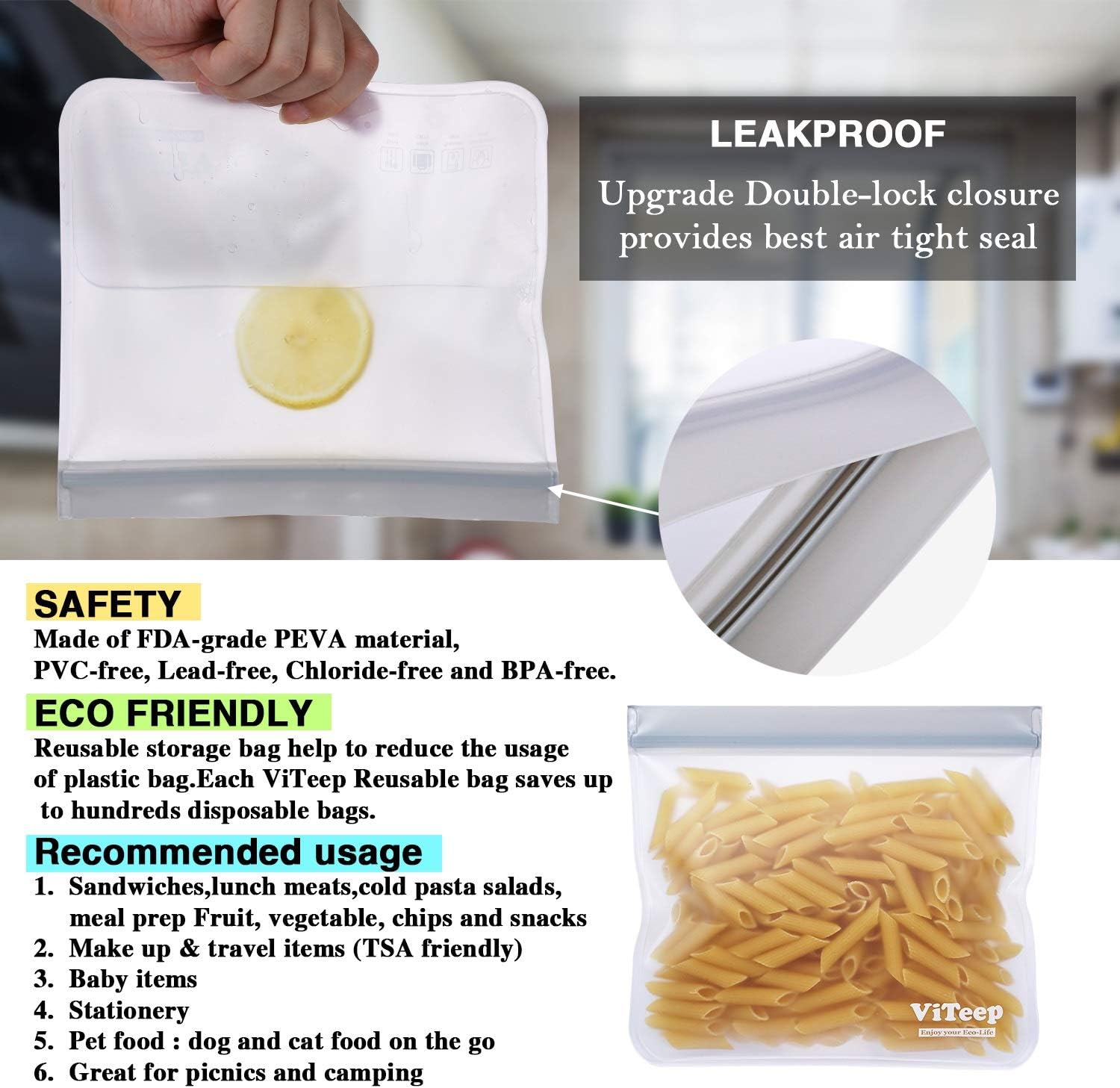 Reusable Storage Bags 10 Pack Leakproof Freezer Gallon Bag - Extra Thick PEVA Ziplock Bags Sandwiches, Lunch, Kids Snacks, Veggies, Baby Toys, Travel or Make-Up