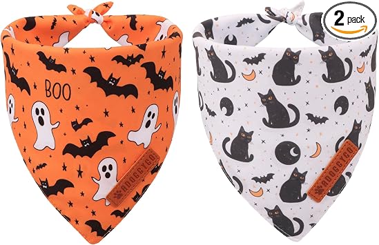 ADOGGYGO Halloween Cat Bandanas 2 Pack, Bat Ghost Cat Scarf, White Orange Pet Halloween Bandanas for Cats Kittens