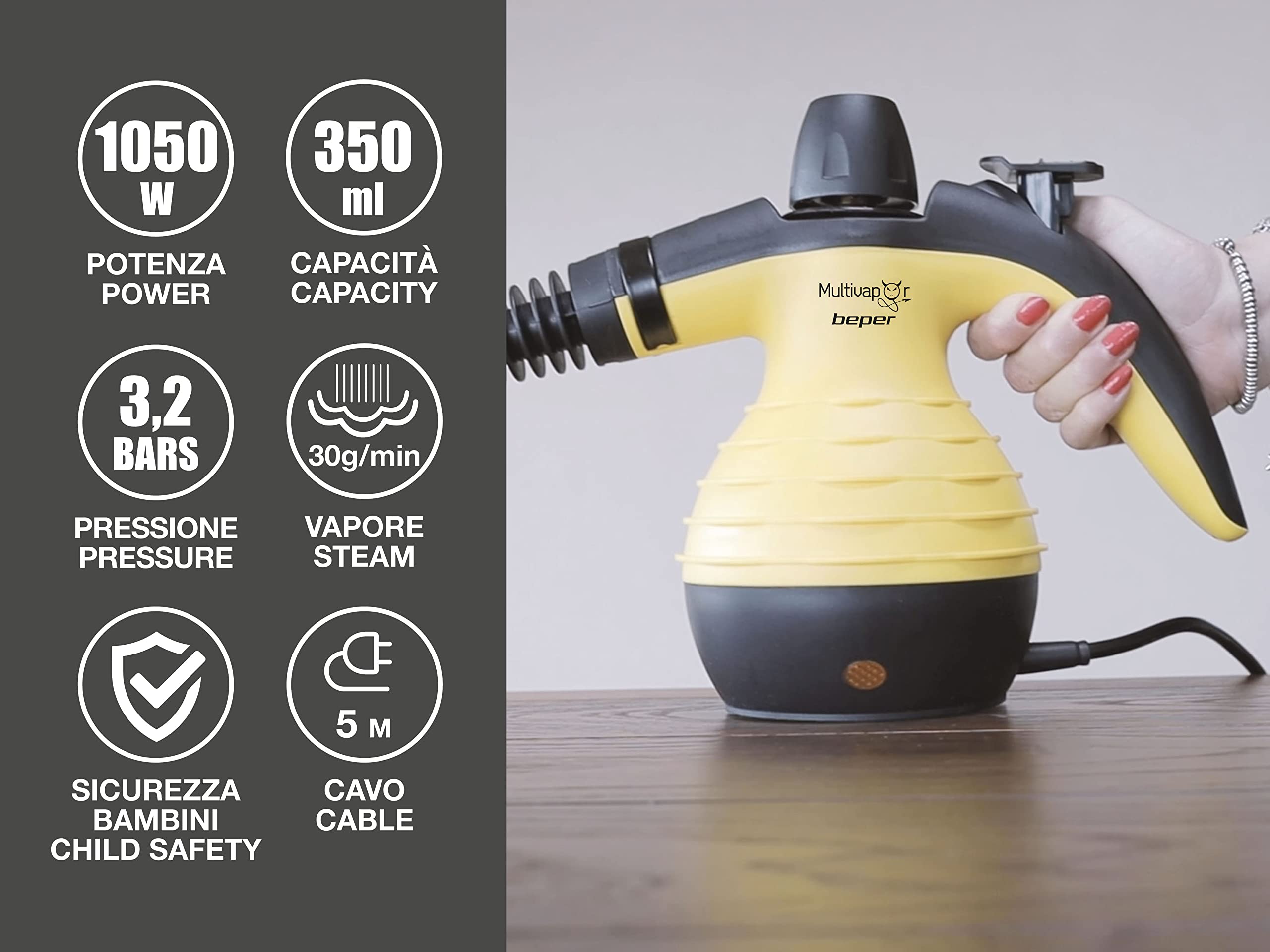 BEPER 50.700 Limpiador a Vapor, Limpiador de Vapor desinfectante , Caldera de Aluminio de 350 ml, Botón de Vapor Continuo, Presión 3.2 bar, 30 g/min, Cable de 3 M, Amarillo y Negro
