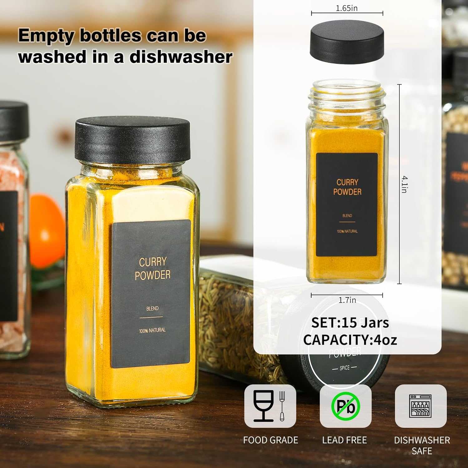 Spice Jars with Label，4oz Glass Spice Bottles With Shaker Lids，Seasoning Containers with Funnel, Chalk Pen for Cabinet，Drawer，Rack (Black, 36)