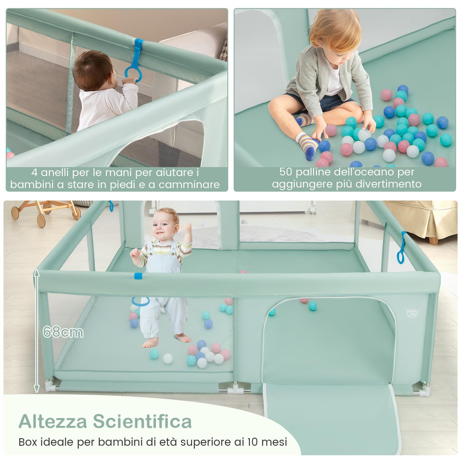 RELAX4LIFE Box Recinto per Bambini, Centro di Attività per Bambini dai 6 Mesi ai 3 Anni (200x180cm, C: 50 Palline+4 Anelli,VERDE)