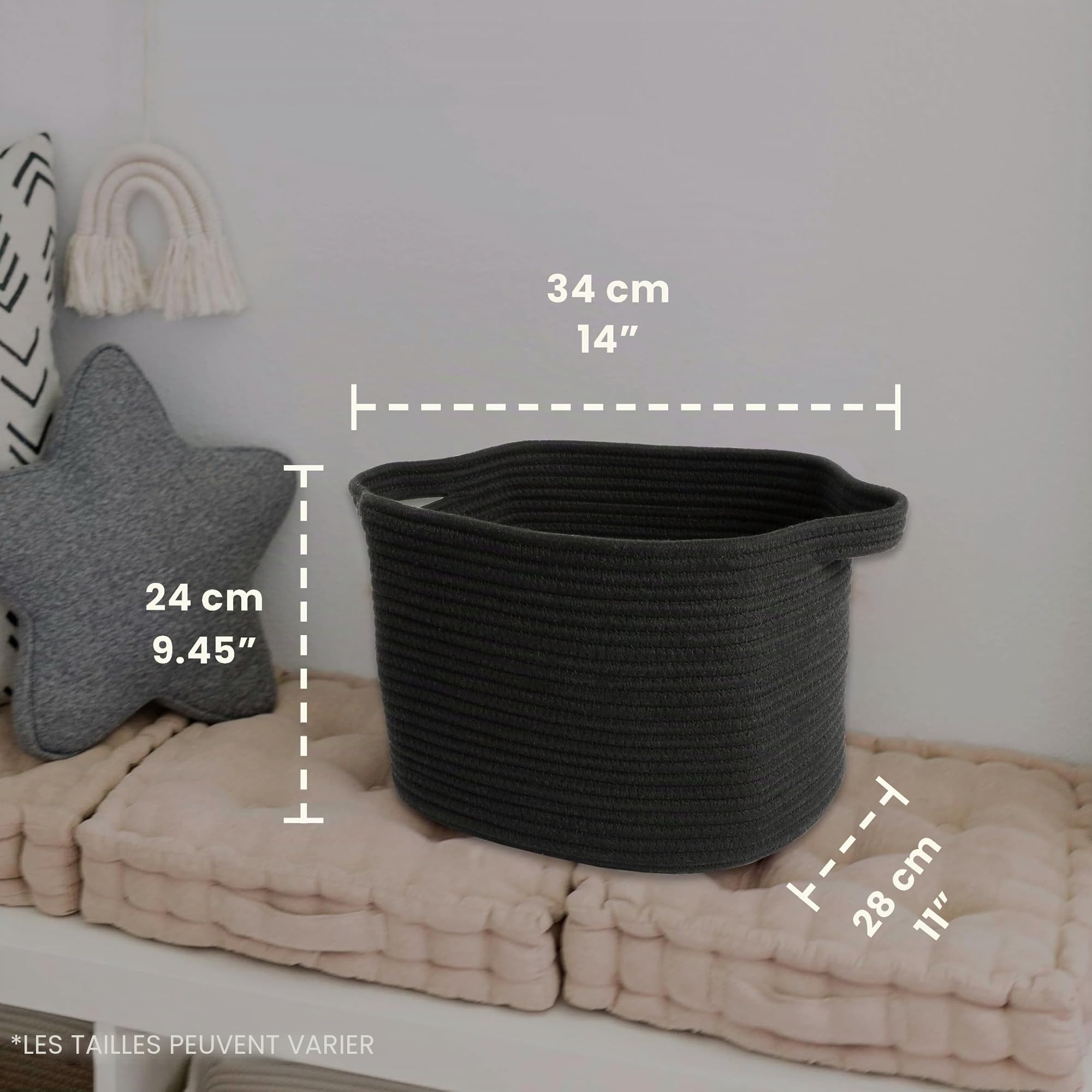 OrganiHaus Panier Rangement Bébé, Panier Rangement Salle de Bain, Panier en Corde de Coton pour Decoration Chambre Bebe, Panier de Rangement pour Livres et Jouets 35x23, Noire