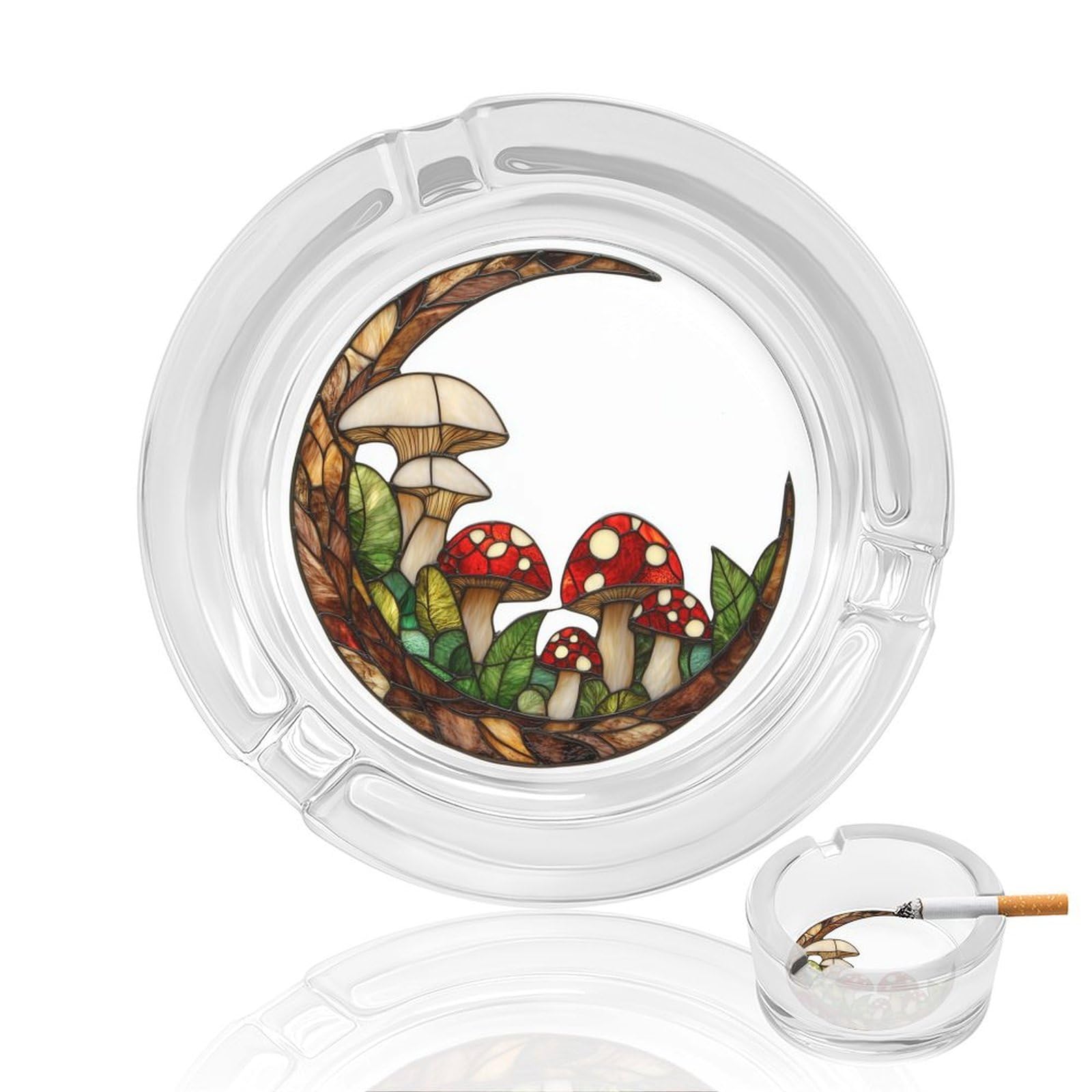 Stained Glass Crescent Moon And Mushrooms Glass Ashtray for Cigarettes Portable Decorative Ash Trays for Home Office Decor