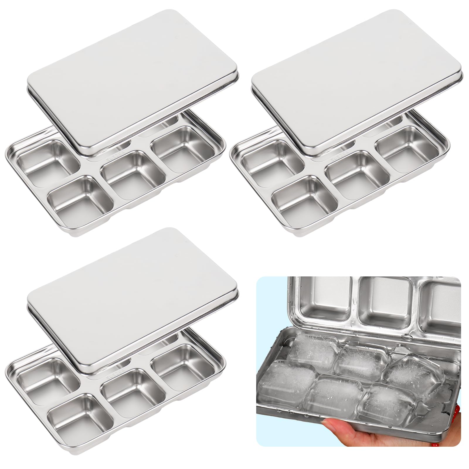FYSUIMU Paquete de 3 bandejas de hielo de acero inoxidable para congelador, bandejas de hielo de metal con tapas para el hogar, cocina, bar, cóctel, whisky