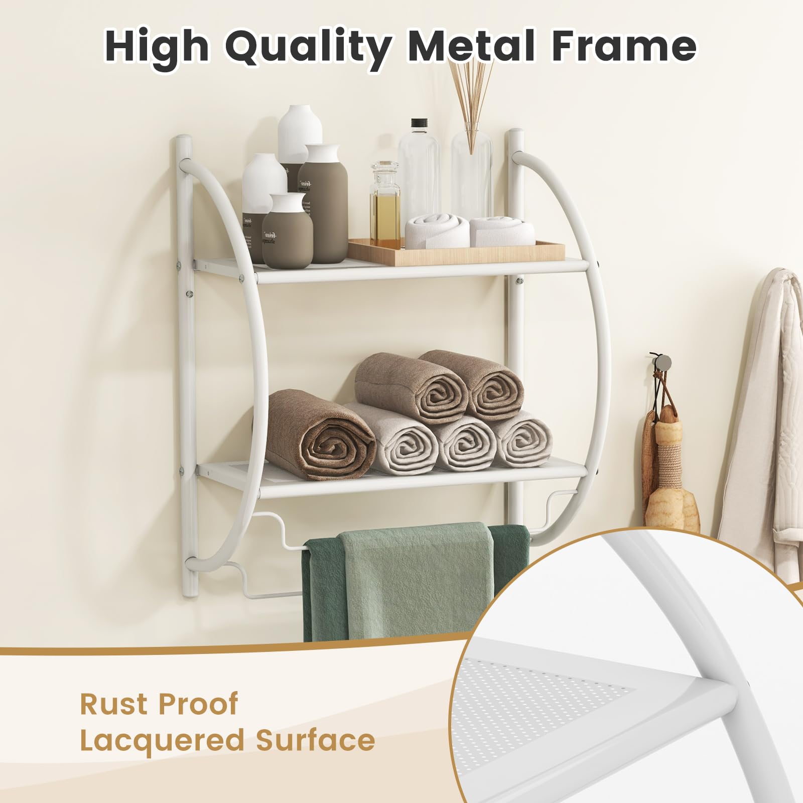 GIANTEX Porta Asciugamani Bagno da Parete, Mensola Doccia con 2 Ripiani e 2 Portasciugamani, Antiruggine, 45x25,5x55 cm Bianco