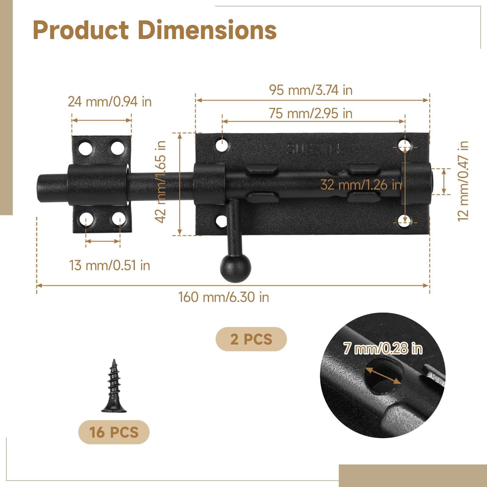 2 Stk. Riegelverschluss für Tore, 16 cm Schieberiegel aus 304 Edelstahl, robuster Türriegel mit 7 mm Vorhängeschloss-Öse, abschließbare Bolzenriegel für Türen, Schränke, Gartenzäune und Gartenhäuser