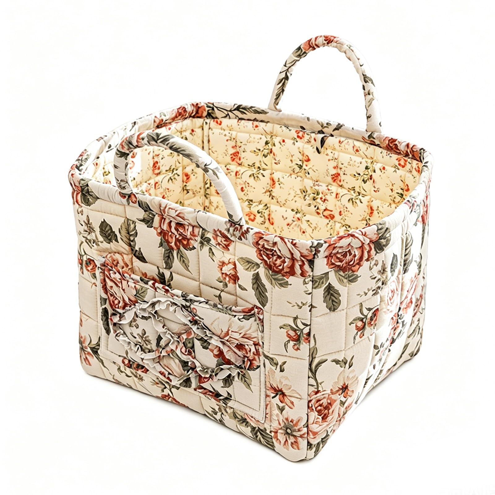 Quilted Floral Fabric Storage Basket with Front Pocket & Reinforced Handles, 23L Large Capacity Foldable Decorative Organizer Bin for Bedroom Closet Clothes Sundries(16)