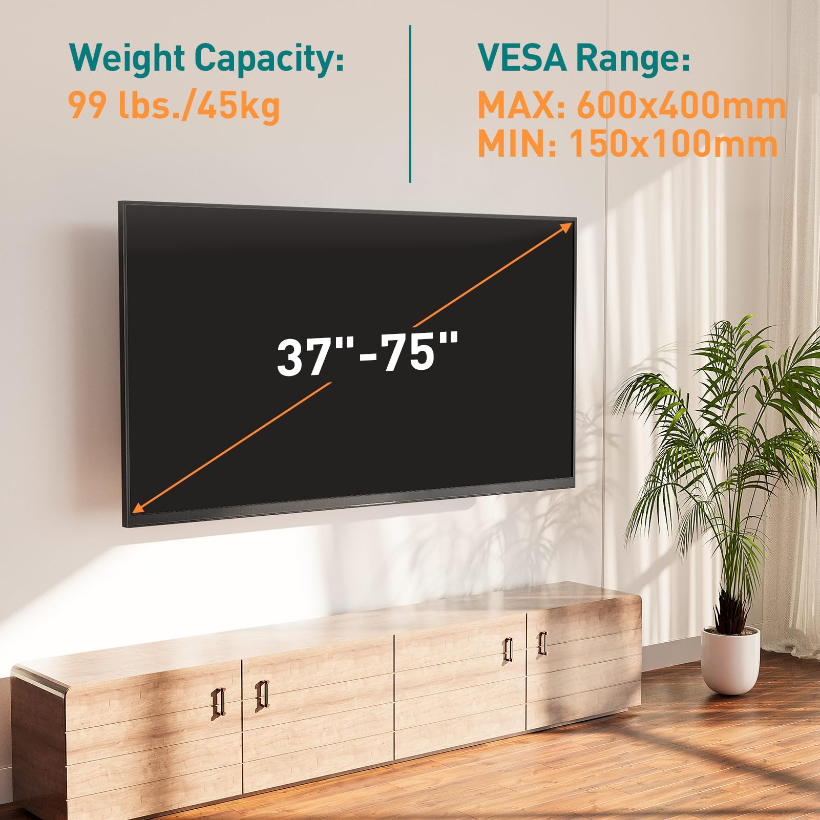 ELIVED EV1036 Support mural pour TV, avec bras articulé, extra long, 813 mm, pour la plupart des téléviseurs de 37 à 75 pouces, jusqu'à 45 kg, inclinable, pivotant et pivotant, VESA 600 x 400 mm