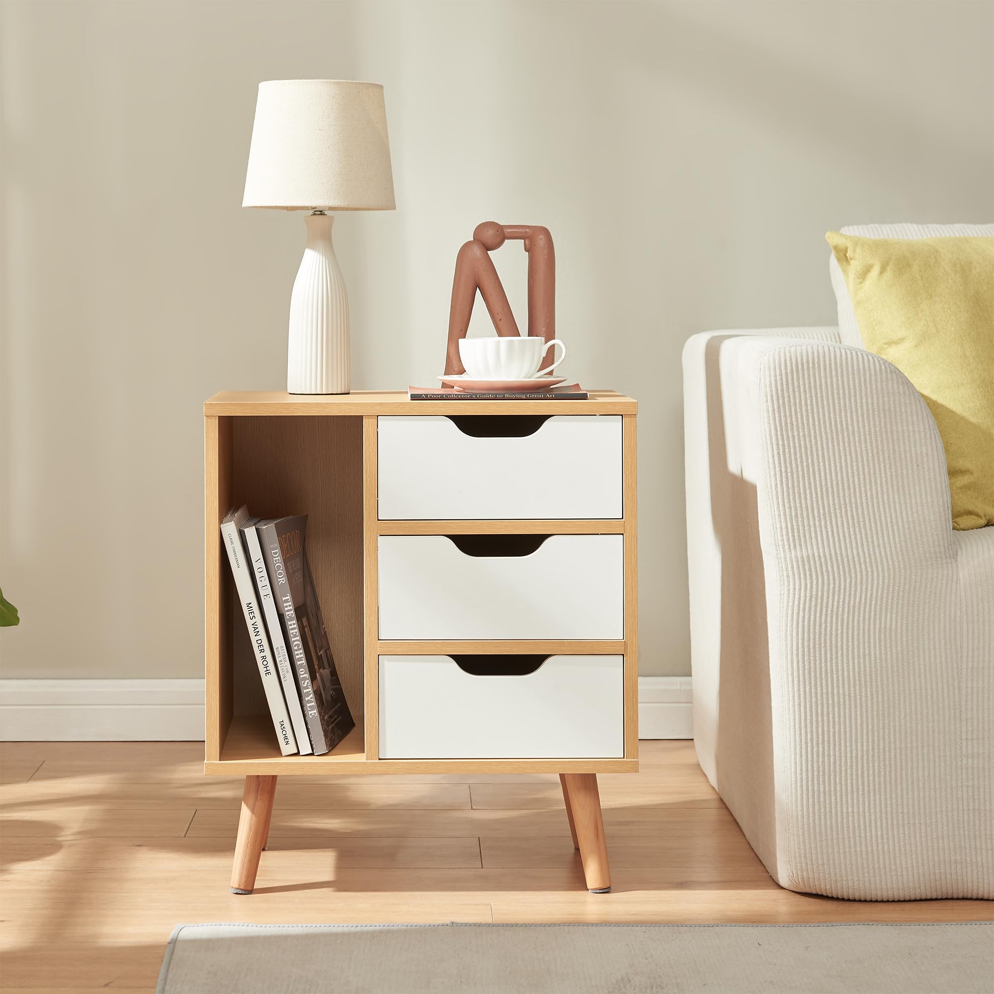 [en.casa] Comodino a 3 Cassetti e Scomparto Aperto Tavolino Basso Laterale Mobiletto Contenitore per Camera da Letto Soggiorno Ingresso 55 x 48 x 30 cm - Effetto Rovere/Bianco