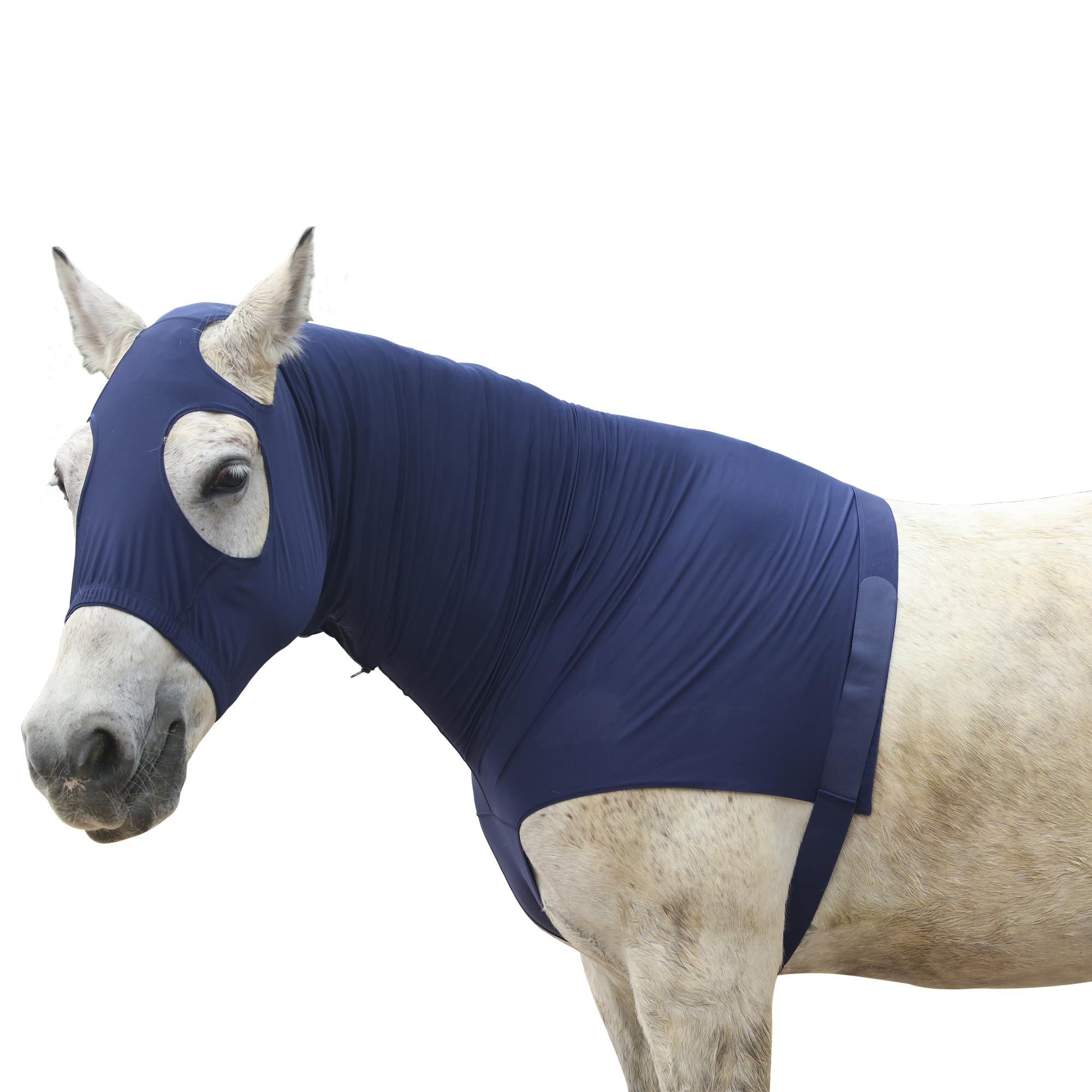 Horse Stretch Hood with Zipper, Full Face & Neck Cover for Sweet Itch Protection – Mane Braid Shoulder Guard & Fly Shield Navy Small — image 1