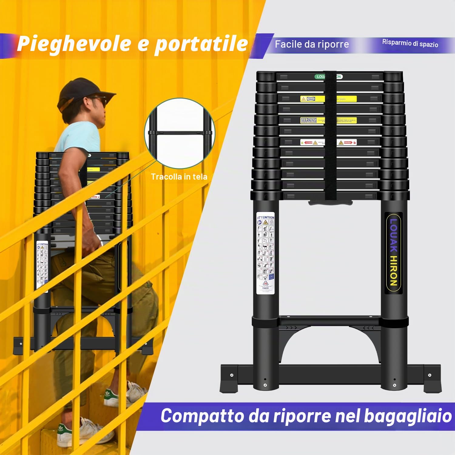 Scala telescopica in alluminio, 5,05 m, scaletta pieghevole antiscivolo, in alluminio, di alta qualità, multifunzione