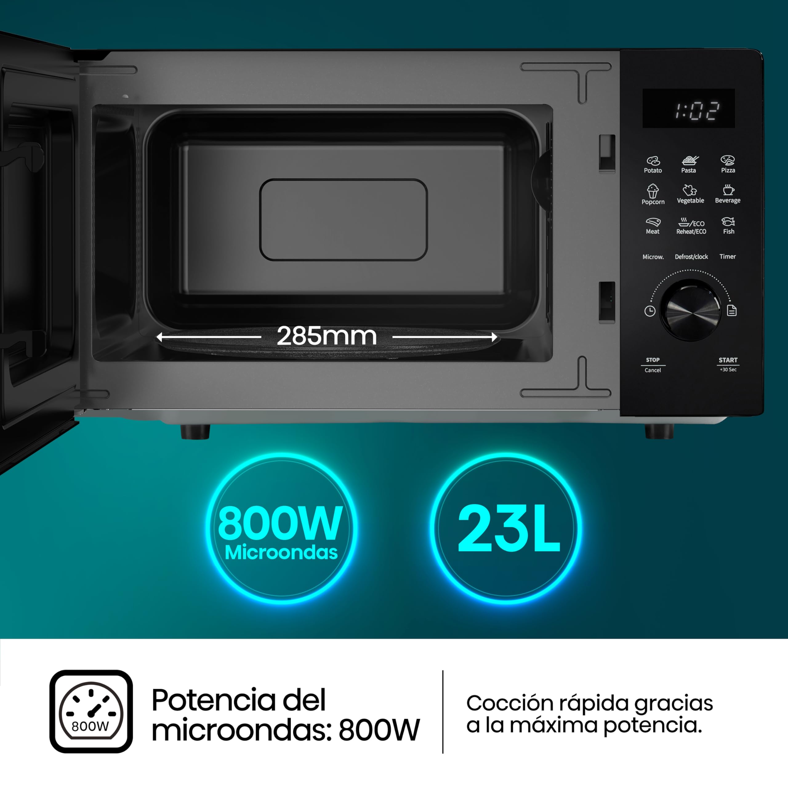 Hisense H23MOBSD1H - Microondas Digital con Grill 23L, 800W, Revestimiento Cerámico, Cristal Premium, 10 Niveles de Potencia, Función de Descongelación, 9 Programas Automáticos, Fácil limpieza