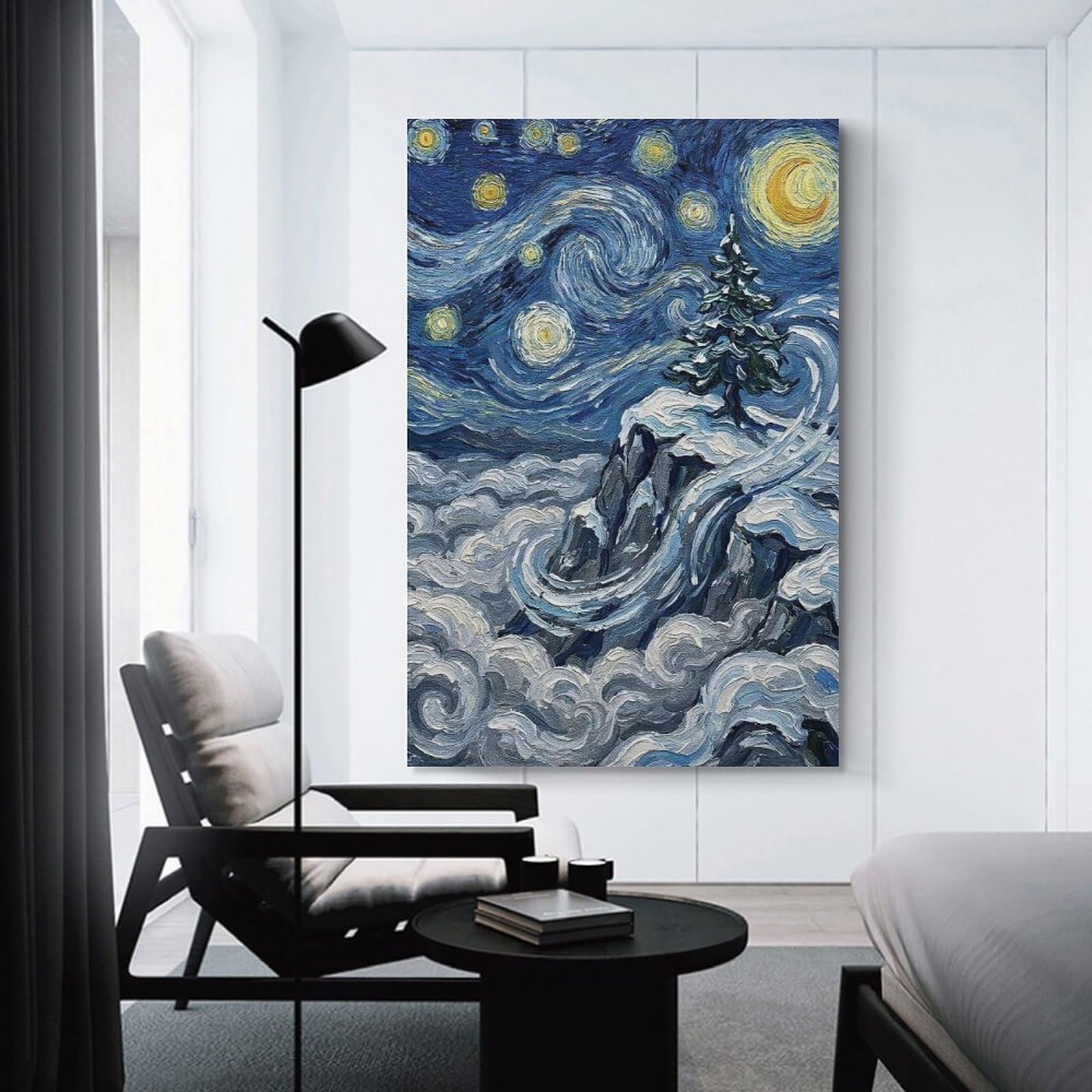 Junmoney Unframe-Style-15 Starry Night Winter Landscape Painting Canvas Wall Decor 08X12inch(20X30cm), For Lounge, Study, Hallway Or Flat Walls, Canvas Wall Art That Fits Changing Layouts