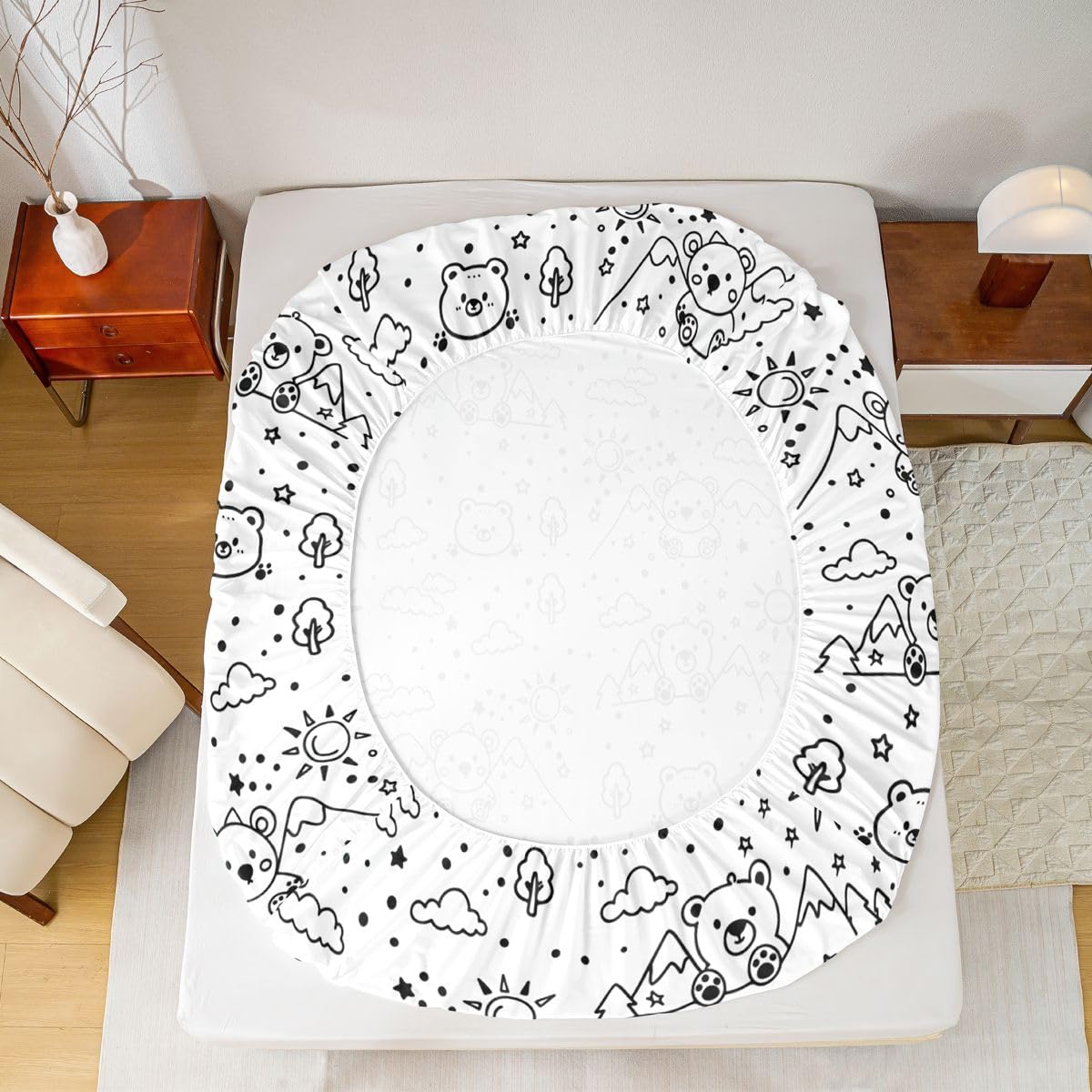 Loussiesd Drap Housse 180x200cm Mignon Ours Mignon Animaux Imprimered Drap-Housse Dessin animé Modèle pour Matelas Épais jusqu'à 30 cm Polyester Microfibre