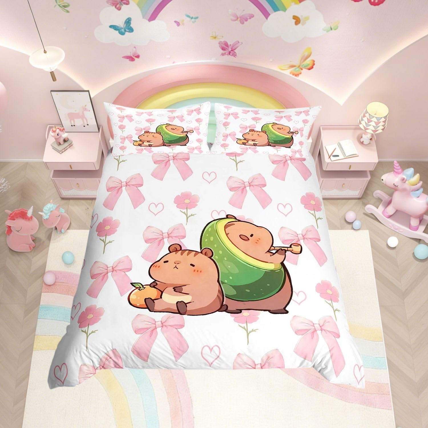 Homewish Girls Pink Bow Super King Duvet Cover Set Kids Kawaii Capybara Bedding - Cute Avocado Capybara Animal Quilt Cover Princess Style Bowknot Flower Bed Set with Pink Reverse - 2 Pillowcases