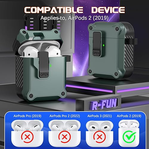 Miniatura 4 de R-fun AirPods de 2 generación y 1 generación con clip de bloqueo seguro automático, carcasa rígida protectora de cuerpo completo para mujeres y