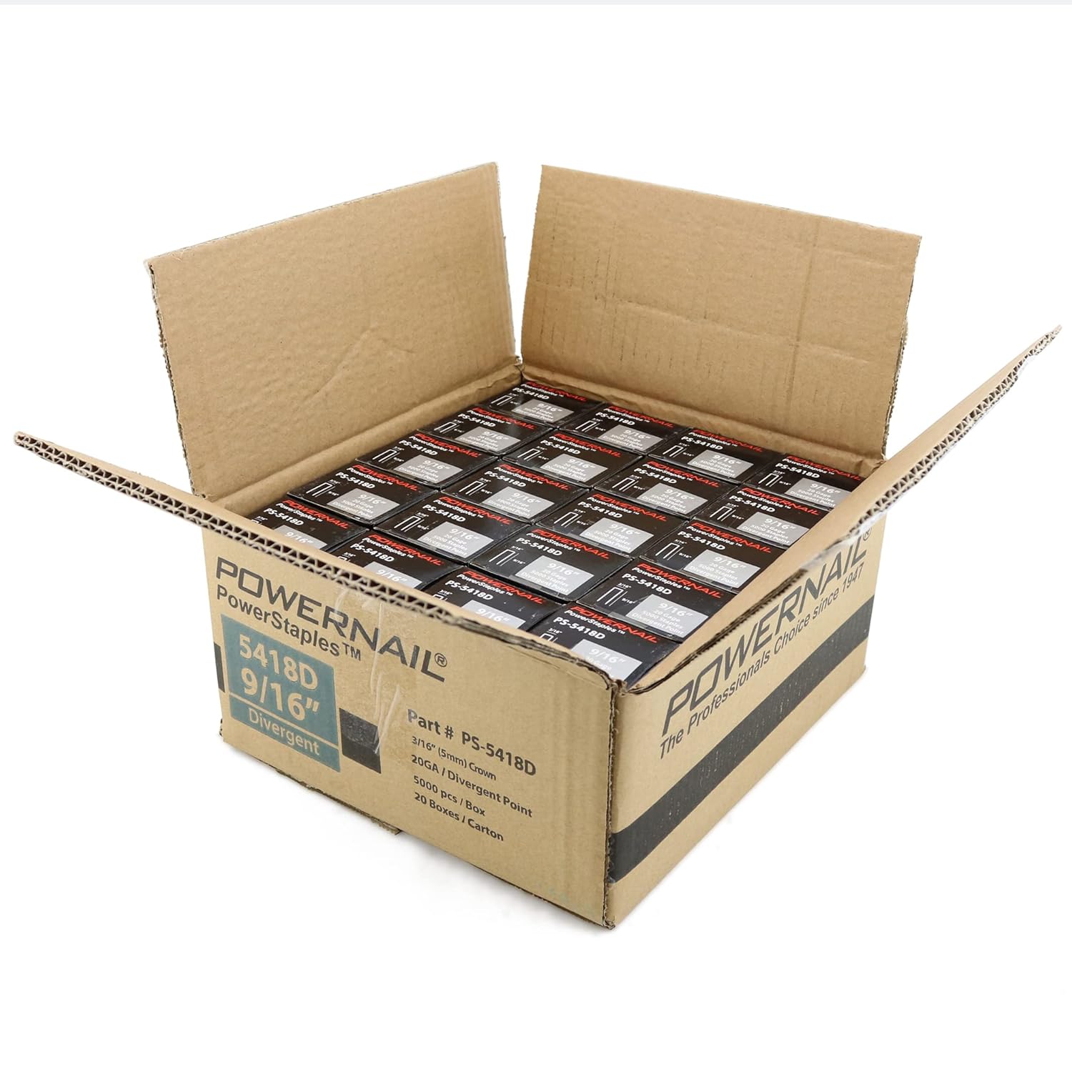 Powernail PS5418D 20 Gauge 3/16 Inch Crown 9/16 Inch Length Divergent Point Collated Galvanized Staples, for Fastening Carpet and Upholstery (Case of 20x-5000ct Boxes)