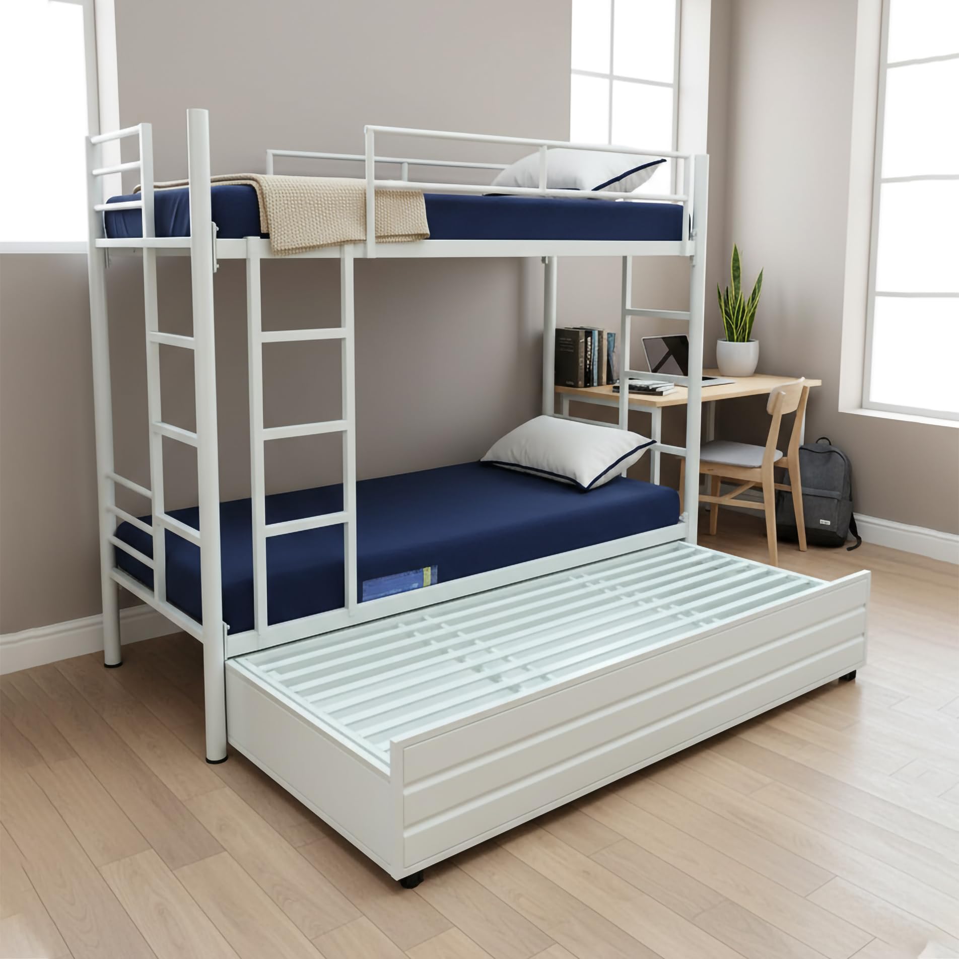 Wrought Iron Bunk Bed With Storage Box Without Mattress For Adults Metal Frame (White Powder Coated, 3 X 6 Feet), Twin