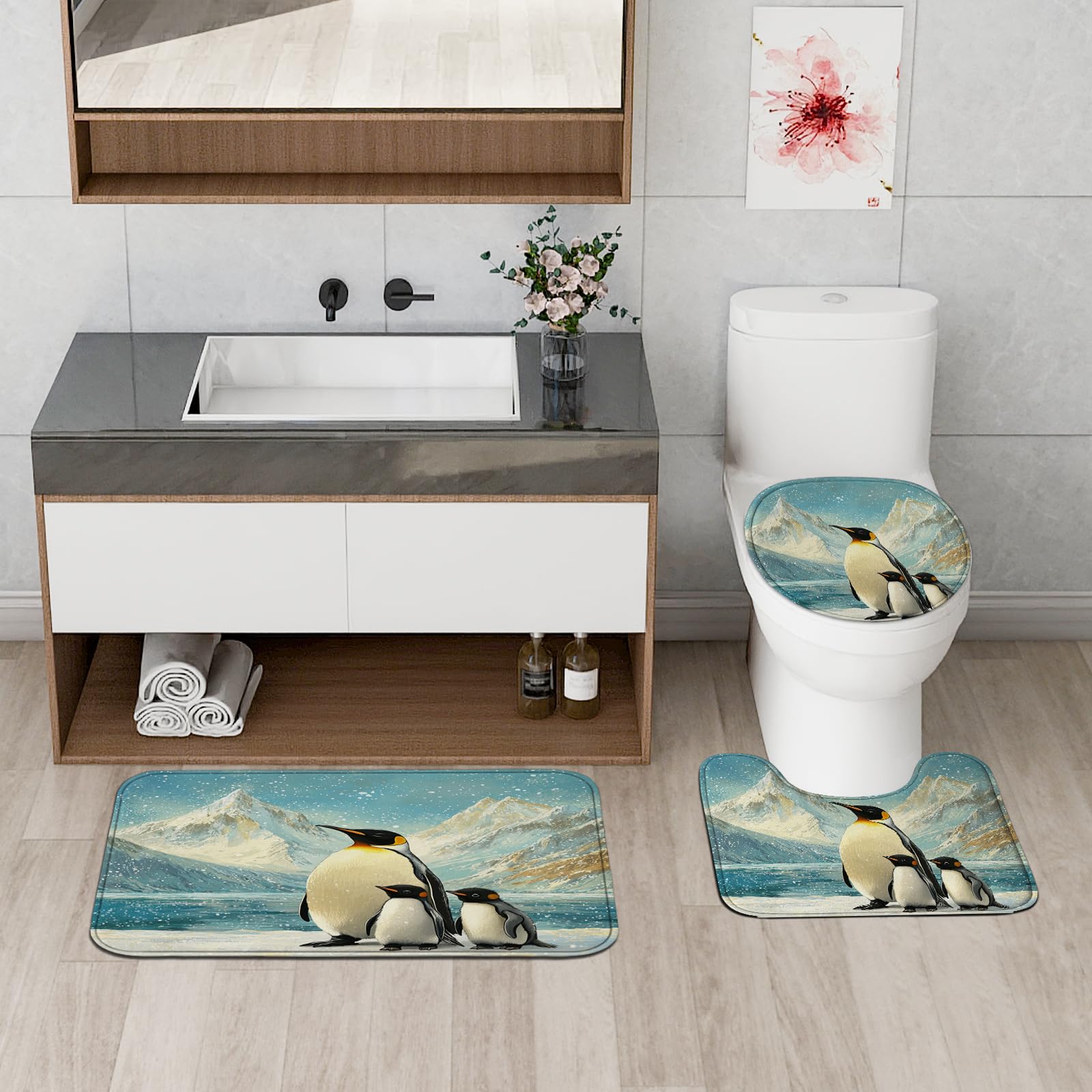 Lot de 4 rideaux de douche d'hiver avec crochets – Ensemble d'accessoires de salle de bain avec tapis de bain, tapis en forme de U et tapis pour abattant de toilettes, motif pingouin antarctique – 183