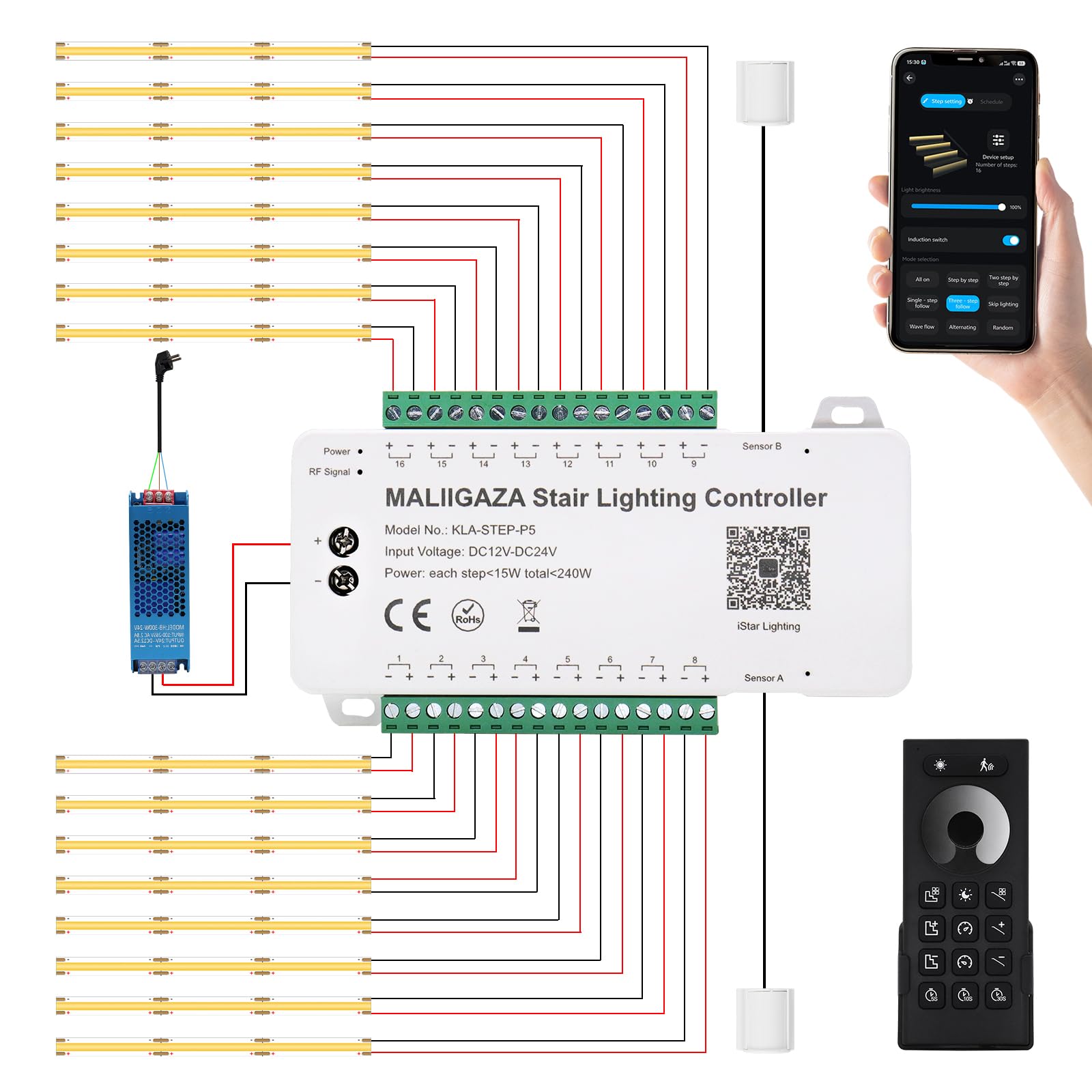 Intelligente Treppenbeleuchtung 16 Stufen Warmweiß 3000K | Bewegungsmelder Treppenlicht mit App & RF-Fernbedienung, Bluetooth Smart Stair Light, COB LED Streifen Indoor