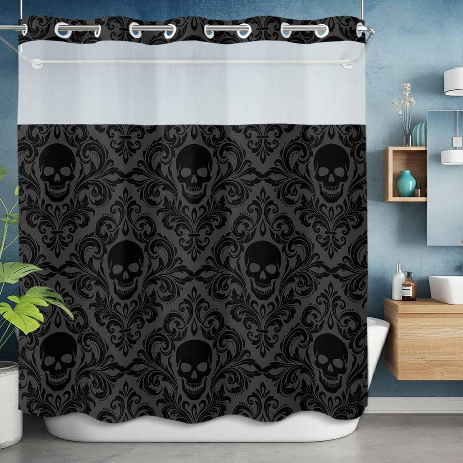 Baroque Style No Hook Shower Curtain with Snap in Liner Grey Black Skull Classical Floral Mysterious Shower Curtain for Bathroom, Fabric Waterproof Inner Liner with Mesh Top Window, 72x72